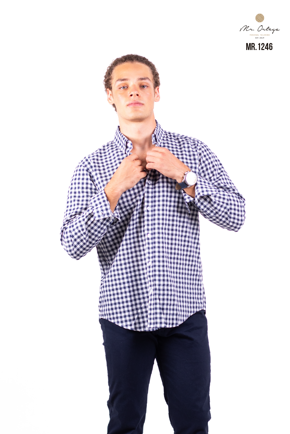 CAMISA CUADROS PEQUEÑOS MARINO Y BLANCO MANGA LARGA