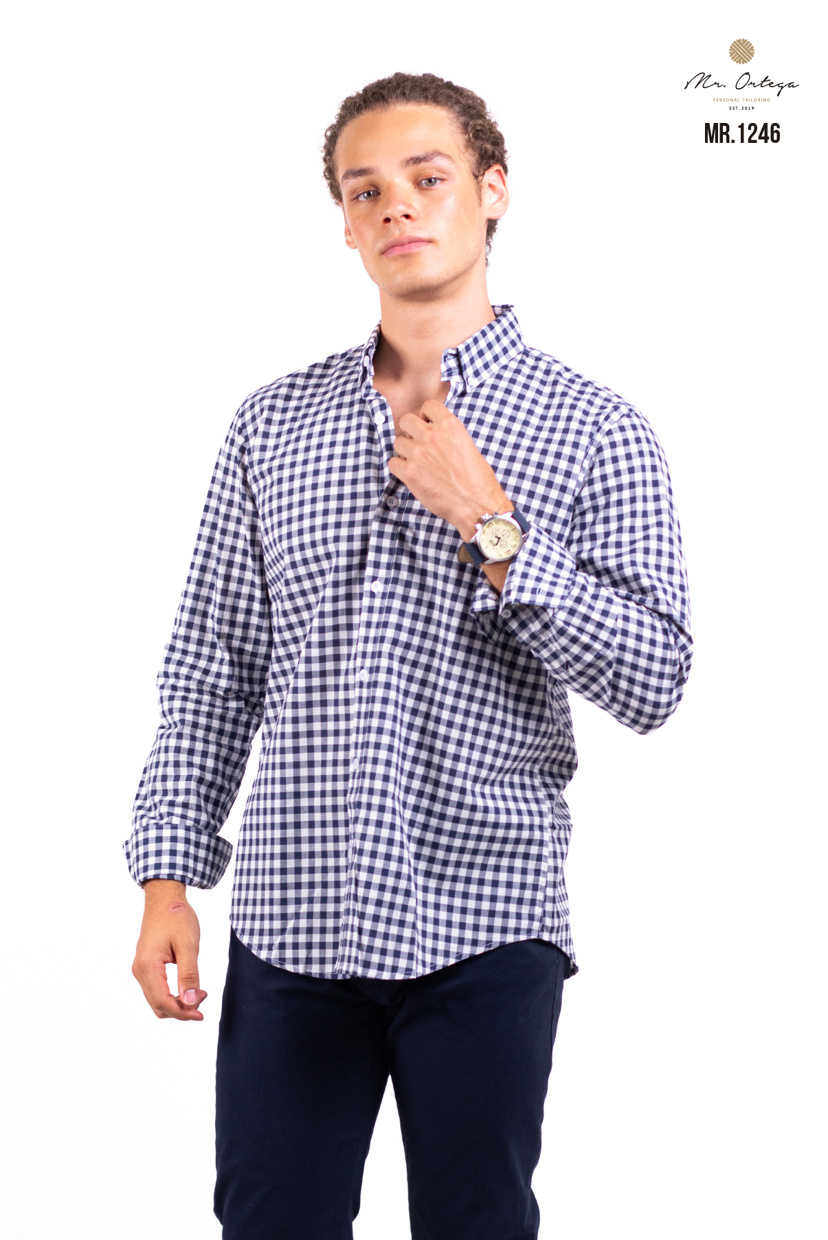CAMISA CUADROS PEQUEÑOS MARINO Y BLANCO MANGA LARGA