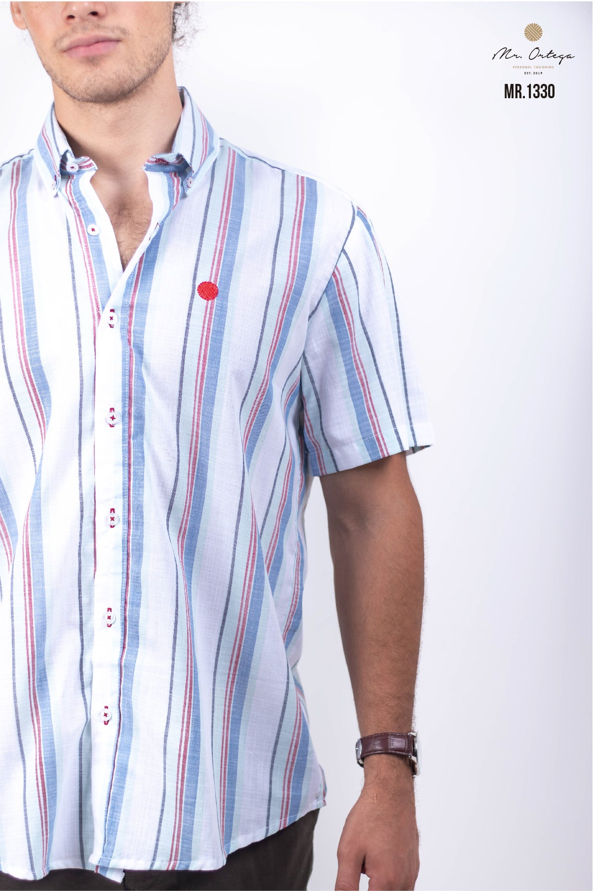 CAMISA RAYAS BLANCA, RAYAS MENTA Y ROJA MANGA CORTA