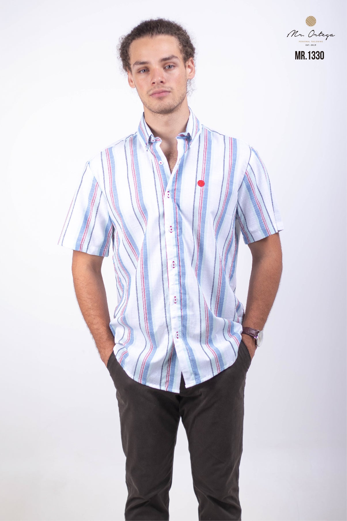 CAMISA RAYAS BLANCA, RAYAS MENTA Y ROJA MANGA CORTA