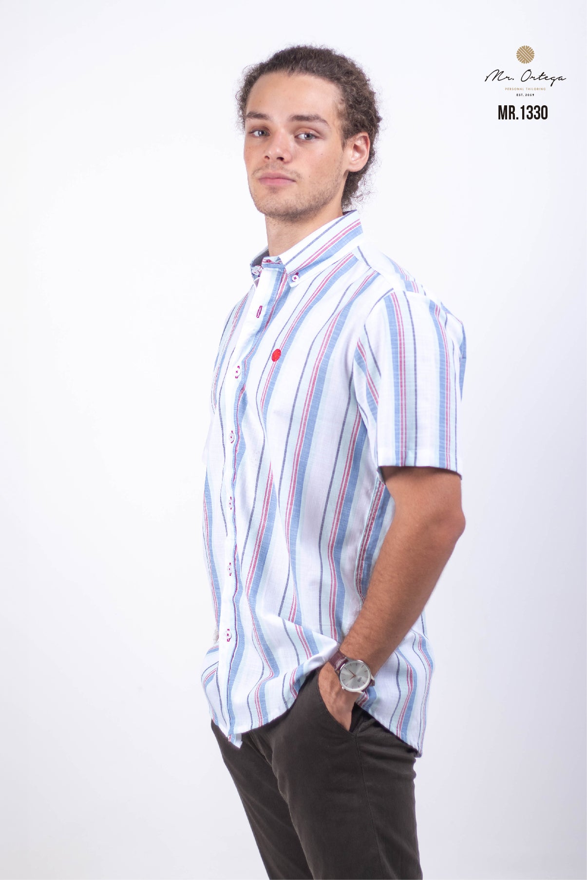 CAMISA RAYAS BLANCA, RAYAS MENTA Y ROJA MANGA CORTA