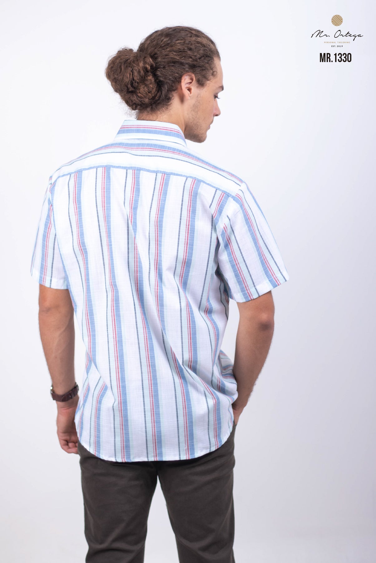 CAMISA RAYAS BLANCA, RAYAS MENTA Y ROJA MANGA CORTA
