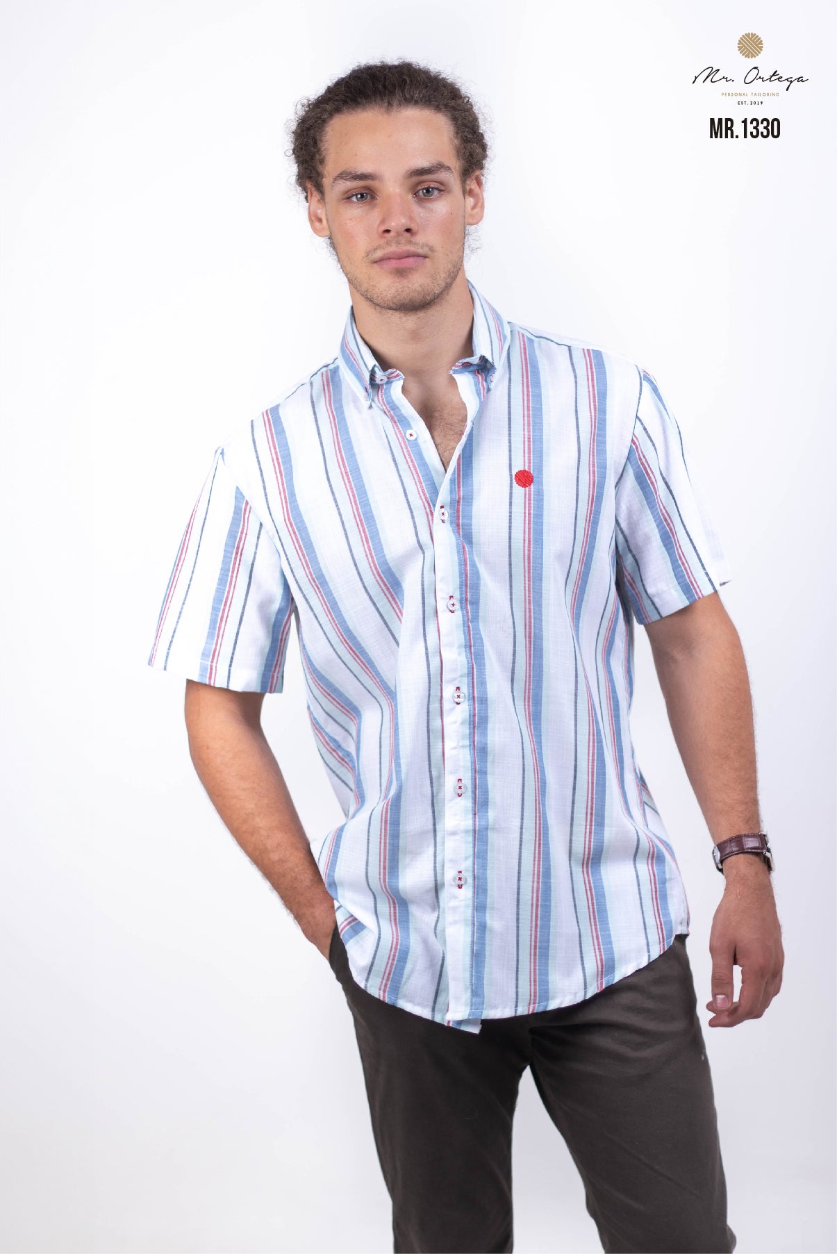CAMISA RAYAS BLANCA, RAYAS MENTA Y ROJA MANGA CORTA