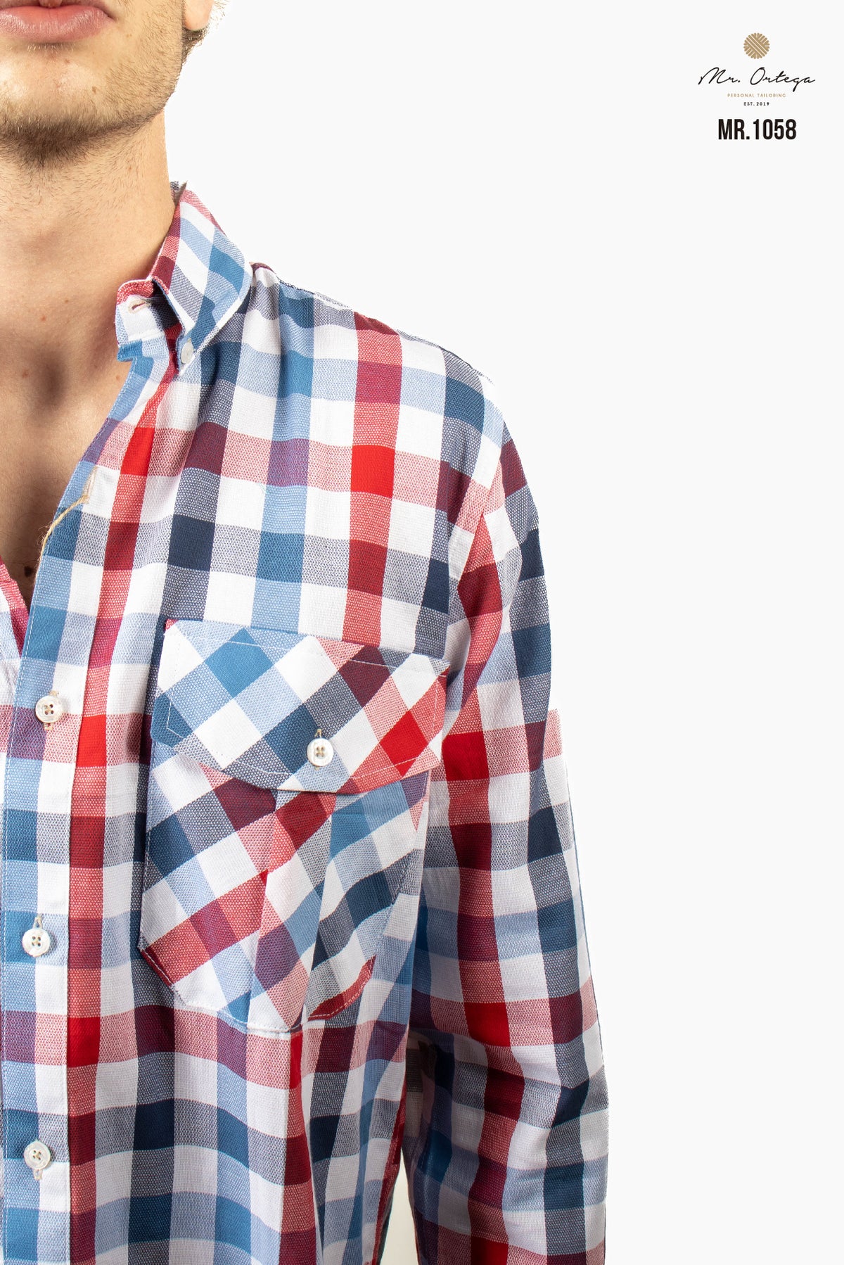 CAMISA CUADROS PEQUEÑOS BLANCO, AZUL Y ROJO DOBLE BOLSA MANGA LARGA