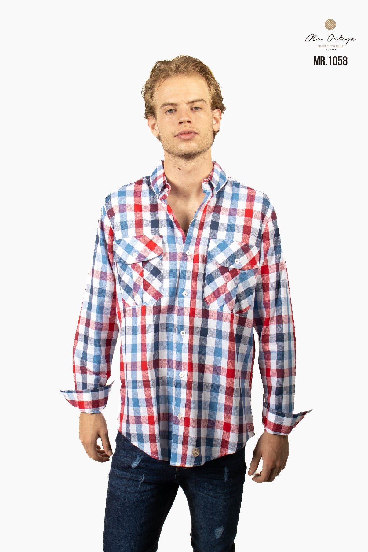 CAMISA CUADROS PEQUEÑOS BLANCO, AZUL Y ROJO DOBLE BOLSA MANGA LARGA