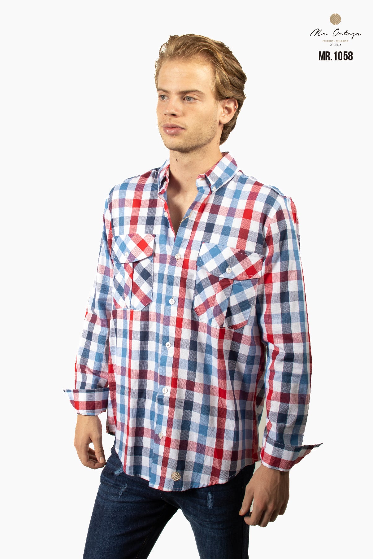 CAMISA CUADROS PEQUEÑOS BLANCO, AZUL Y ROJO DOBLE BOLSA MANGA LARGA