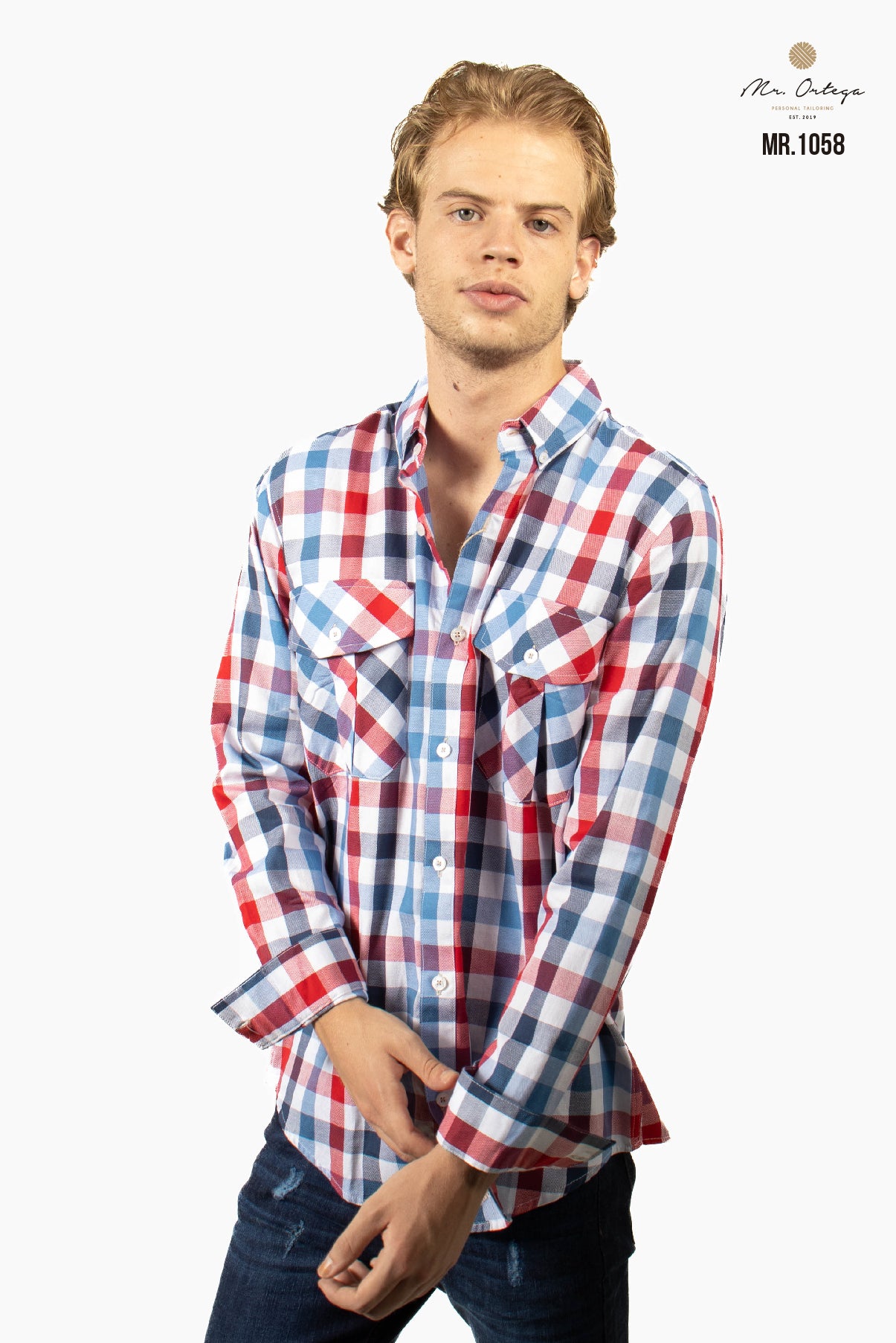 CAMISA CUADROS PEQUEÑOS BLANCO, AZUL Y ROJO DOBLE BOLSA MANGA LARGA