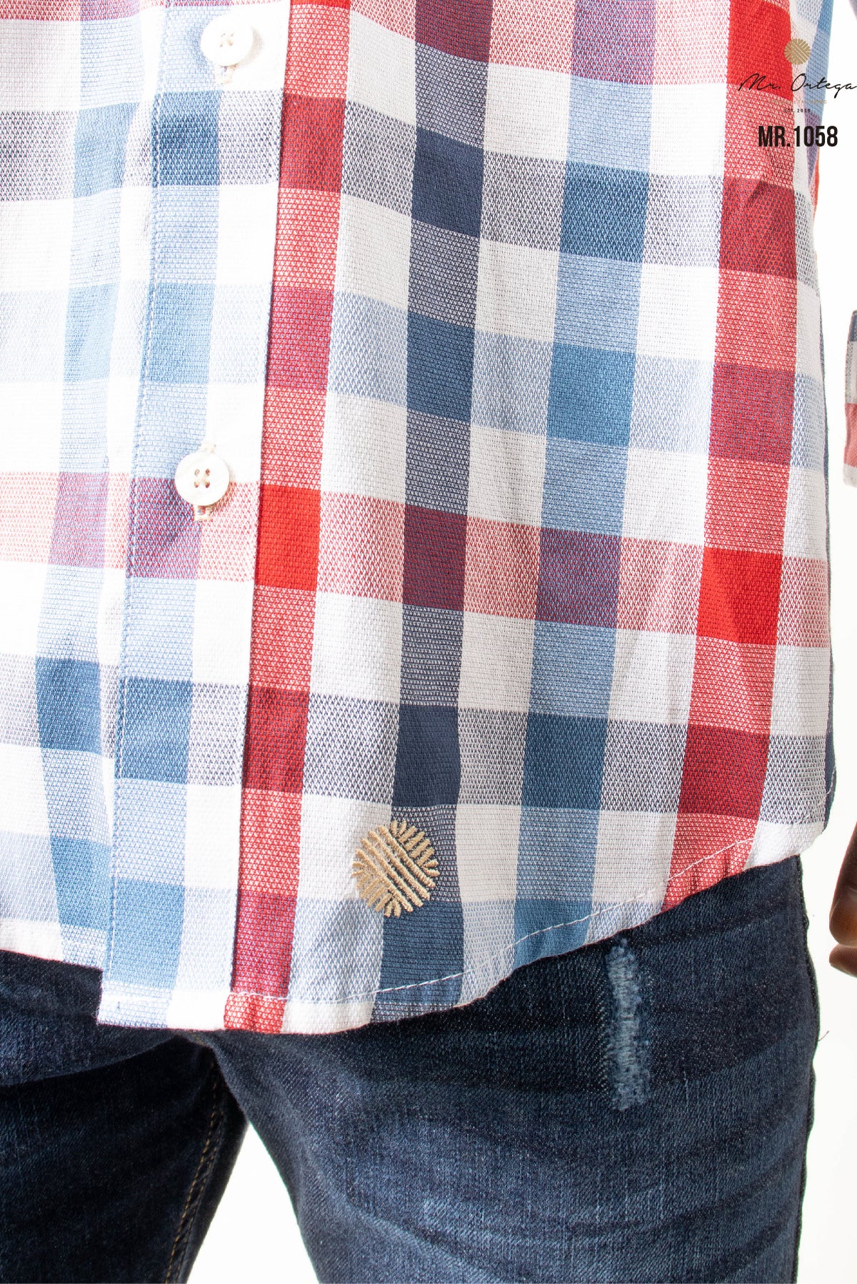 CAMISA CUADROS PEQUEÑOS BLANCO, AZUL Y ROJO DOBLE BOLSA MANGA LARGA
