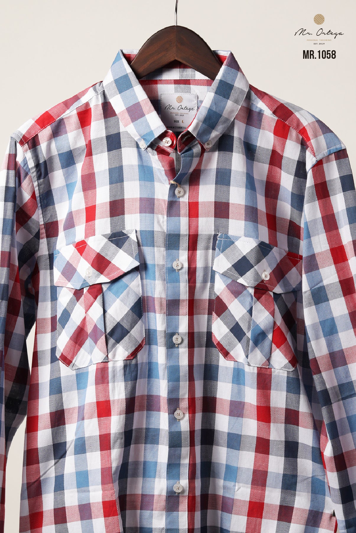 CAMISA CUADROS PEQUEÑOS BLANCO, AZUL Y ROJO DOBLE BOLSA MANGA LARGA