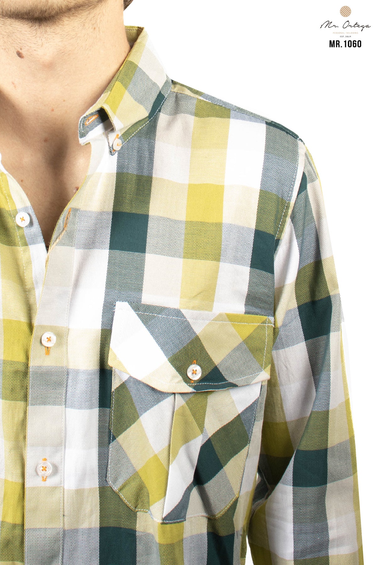CAMISA CUADROS VERDE OSCURO, VERDE LIMON Y GRIS DOBLE BOLSA MANGA LARGA