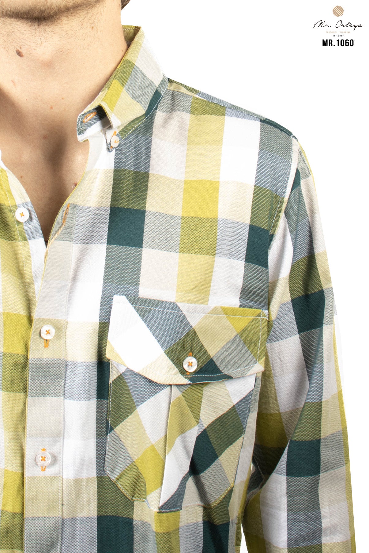CAMISA CUADROS VERDE OSCURO, VERDE LIMON Y GRIS DOBLE BOLSA MANGA LARGA