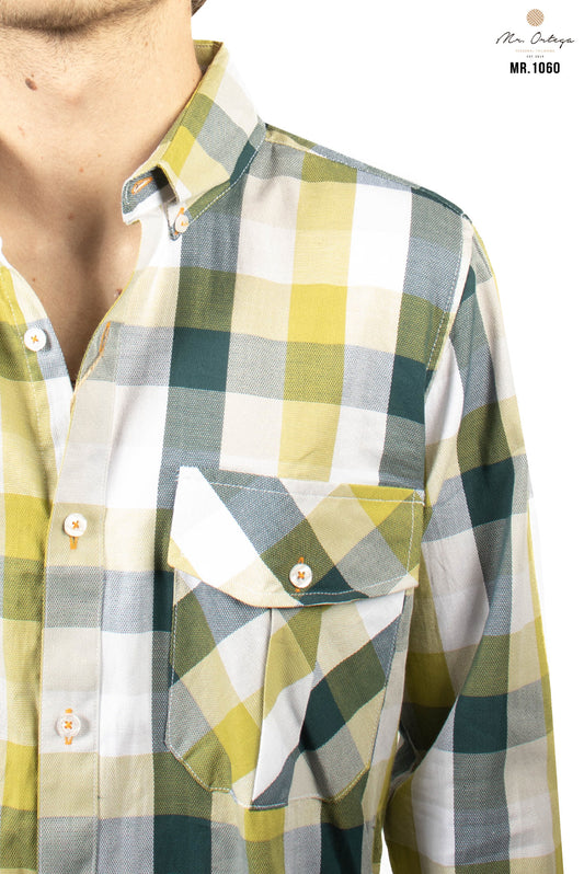 CAMISA CUADROS VERDE OSCURO, VERDE LIMON Y GRIS DOBLE BOLSA MANGA LARGA