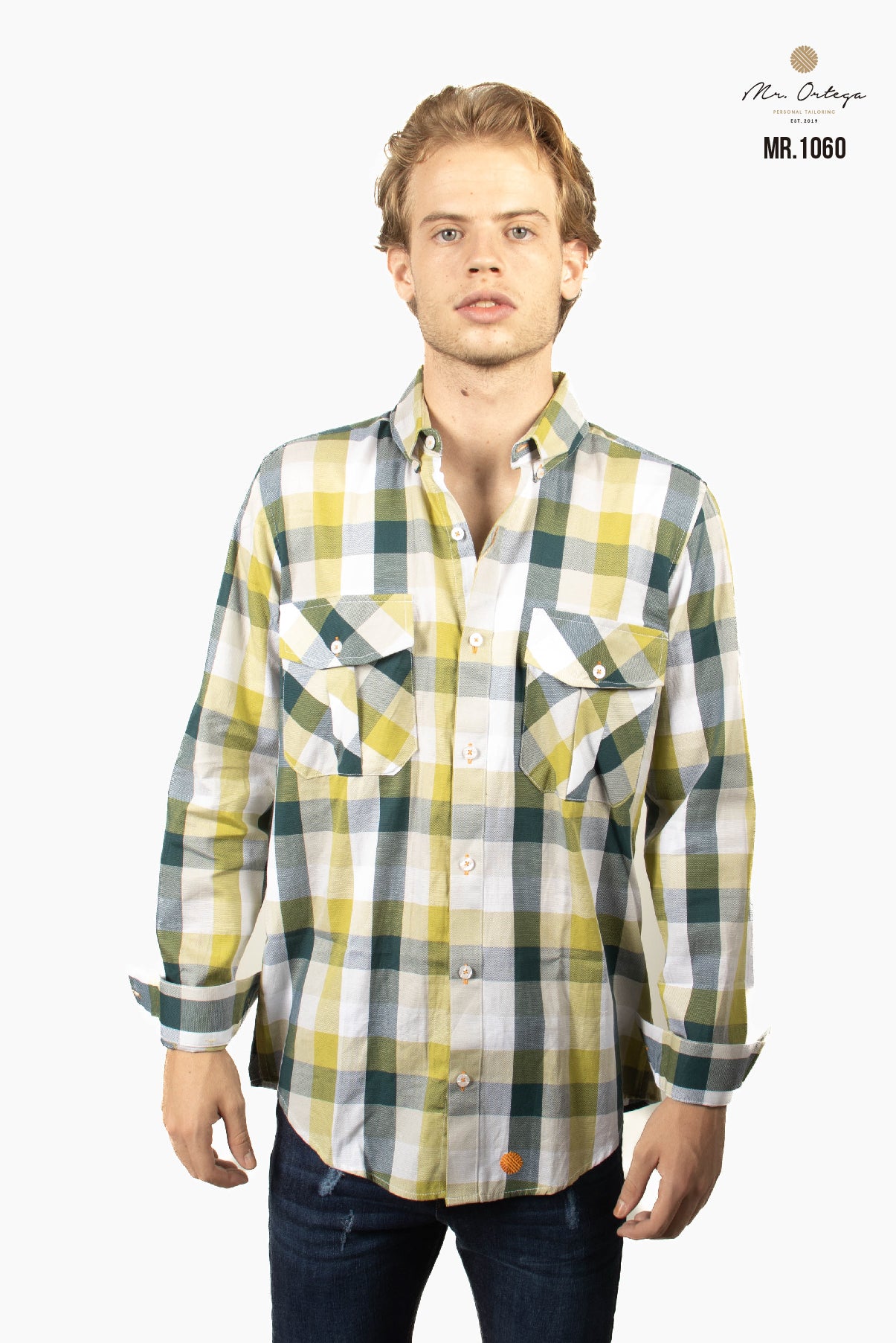 CAMISA CUADROS VERDE OSCURO, VERDE LIMON Y GRIS DOBLE BOLSA MANGA LARGA