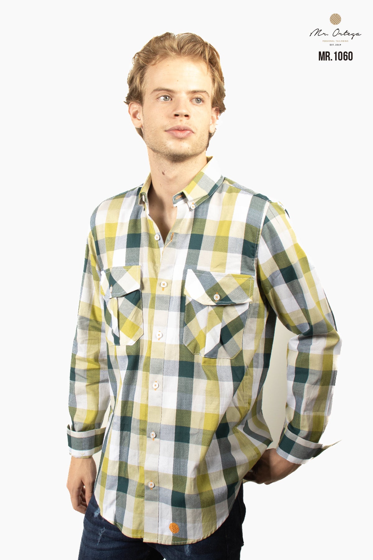 CAMISA CUADROS VERDE OSCURO, VERDE LIMON Y GRIS DOBLE BOLSA MANGA LARGA