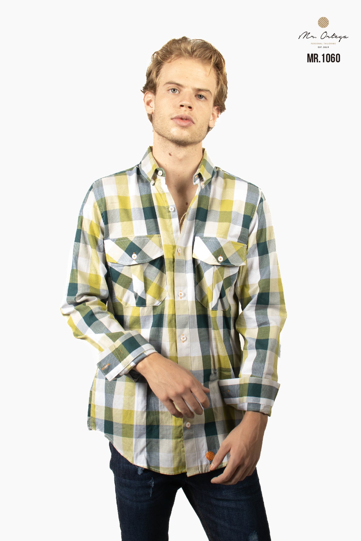 CAMISA CUADROS VERDE OSCURO, VERDE LIMON Y GRIS DOBLE BOLSA MANGA LARGA