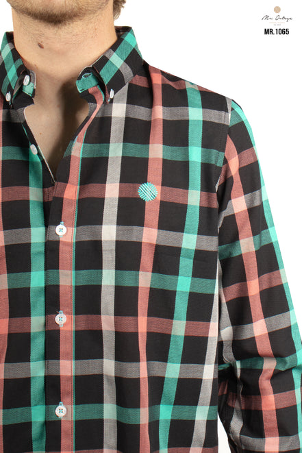 CAMISA NEGRA CUADROS TURQUESA / ROSA Y BLANCO