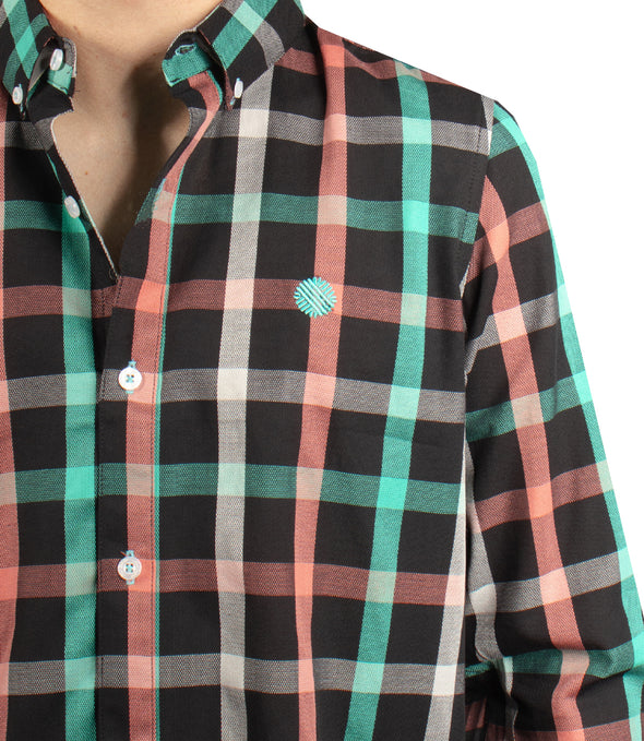 CAMISA NEGRA CUADROS TURQUESA / ROSA Y BLANCO