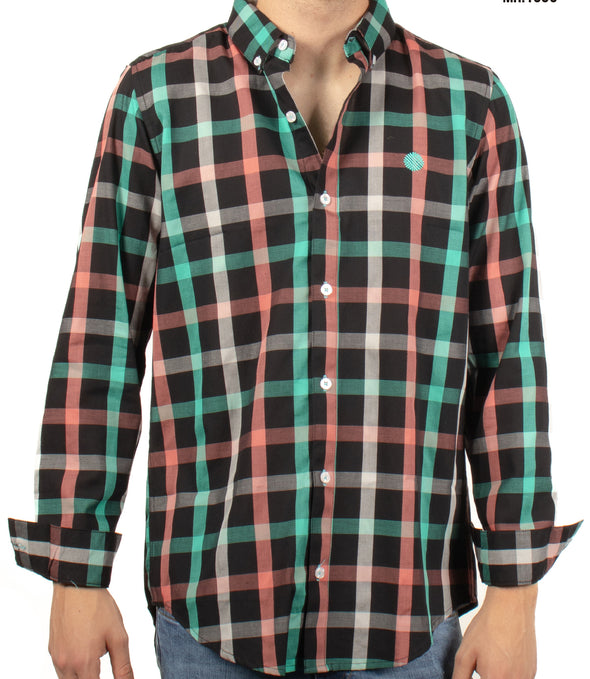 CAMISA NEGRA CUADROS TURQUESA / ROSA Y BLANCO
